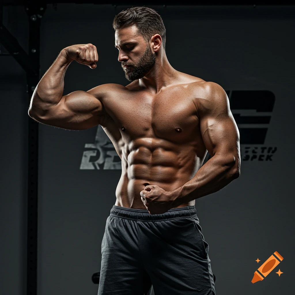 Muscular man flexing bicep in a gym