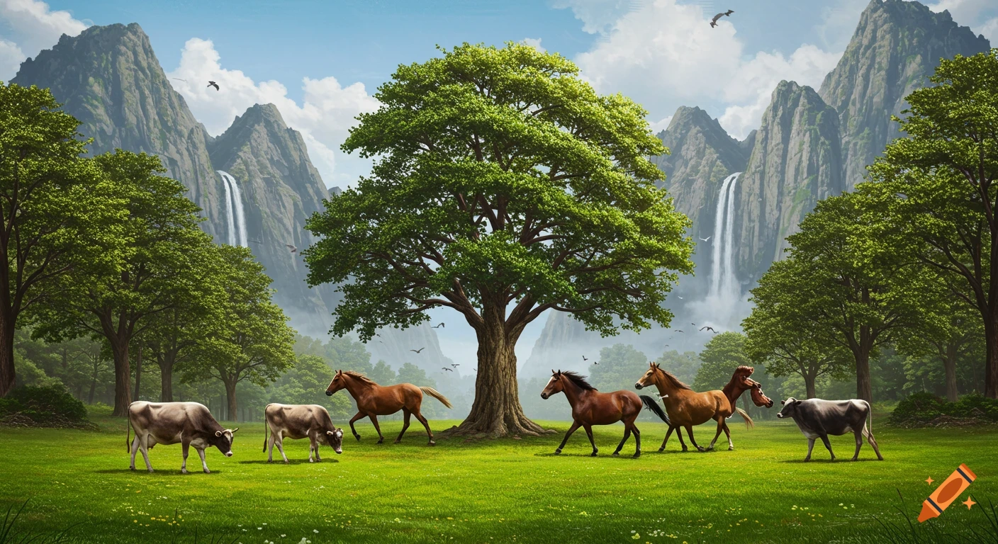 Cows and horses graze and run on a grassy plain with a large tree, mountains, and waterfalls.