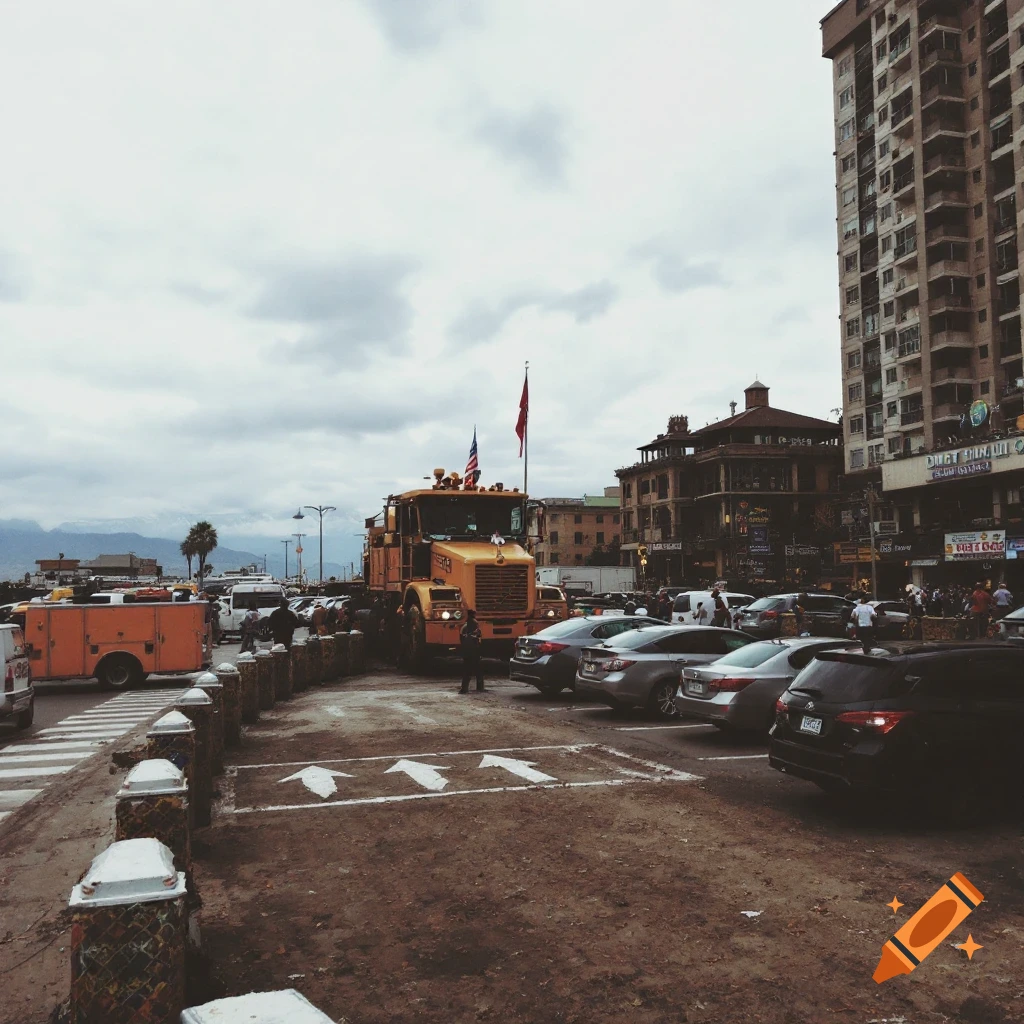 A street scene with a large yellow truck and cars parked alongside buildings under a cloudy sky. There are people walking on the street and pavement.