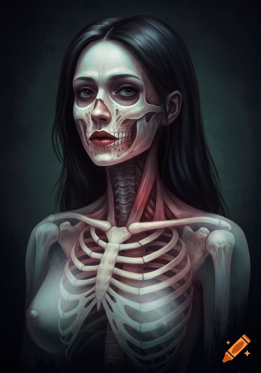Portrait of a woman with visible skull, rib cage, and muscles, in a horror fantasy art style.