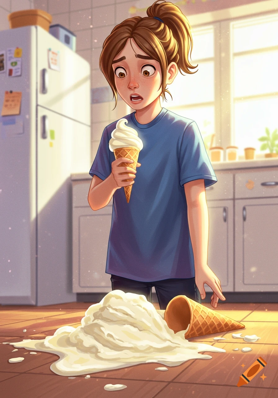 Cartoon illustration of a girl looking upset in a kitchen after dropping her ice cream cone on the floor.