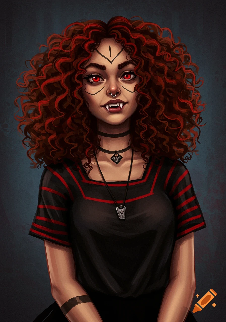 A female fantasy character with red curly hair, red eyes, fangs, and dark clothing.