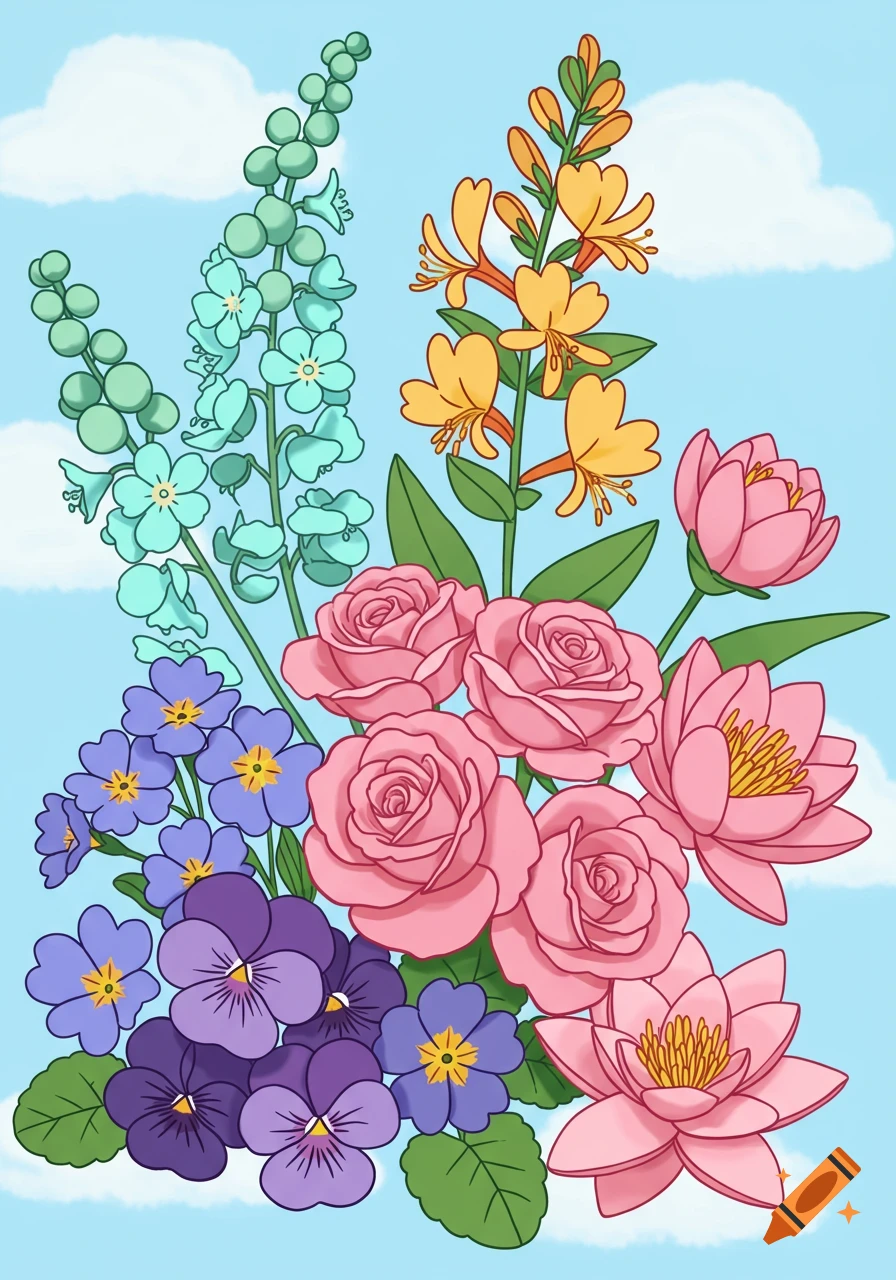 A cartoon illustration of a bouquet of colorful flowers including roses, lilies, violets, primrose, honeysuckle, and larkspur against a blue sky with clouds.