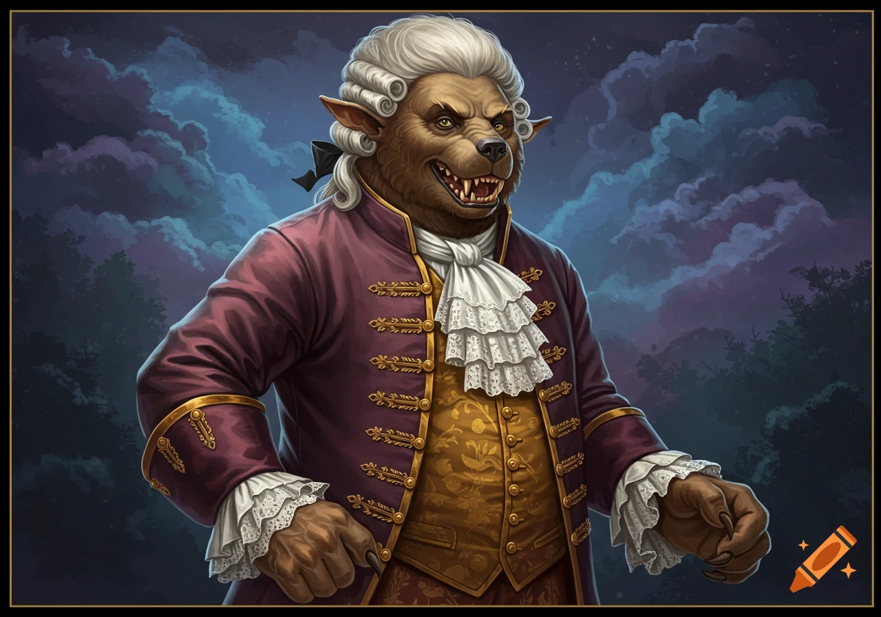 A bugbear or werewolf in a purple rococo suit against a dark sky.