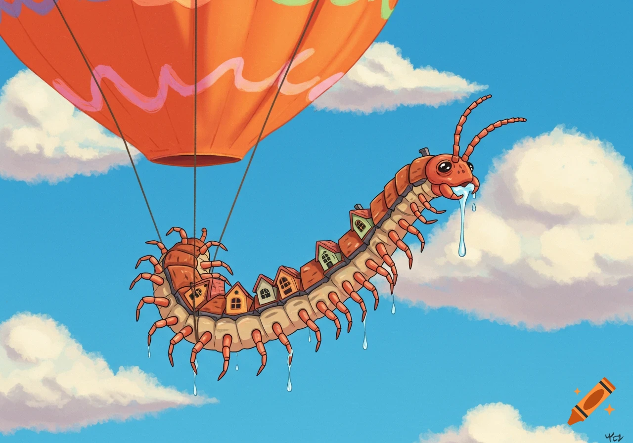 A house centipede with houses on its back floats from an orange hot air balloon in a cloudy sky.