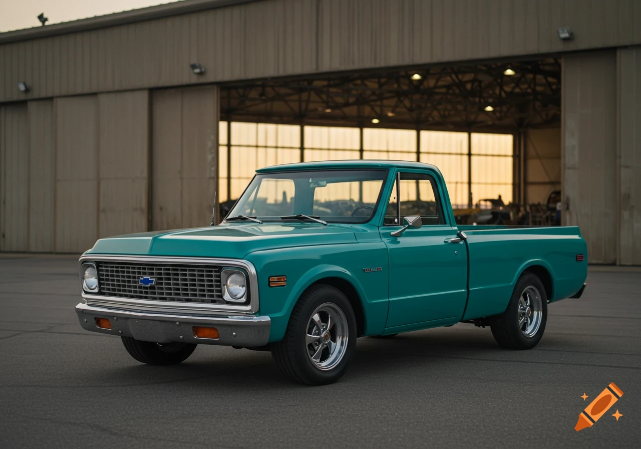 A turquoise classic pickup truck is parked in front of an airplane hangar.
