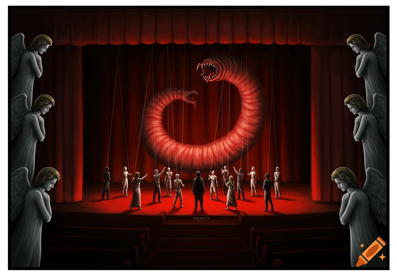 Edgar Allan Poe's The Conqueror Worm with puppets, shadowy figures, and a blood-red worm