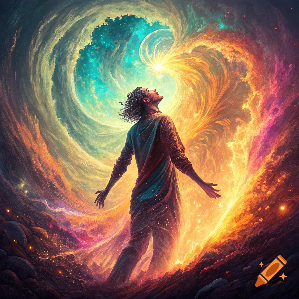 Person looking up at a swirling vortex of colorful light and energy