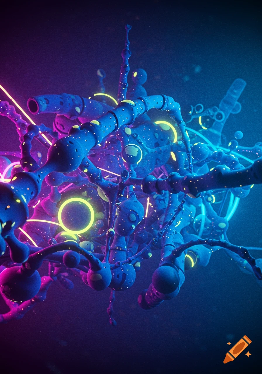 Abstract 3D structure with glowing blue, purple, and yellow elements.