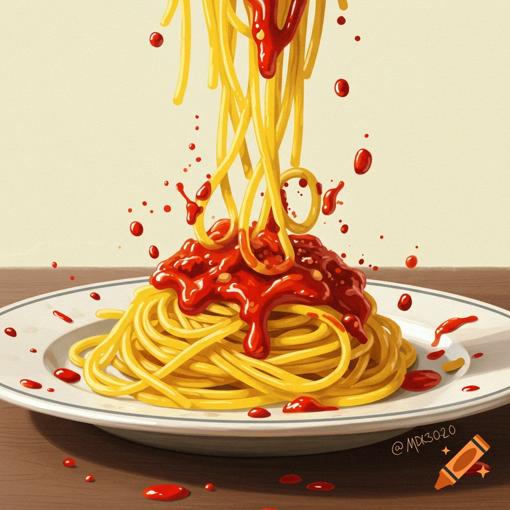 Spaghetti falling onto a plate with tomato sauce splatters.