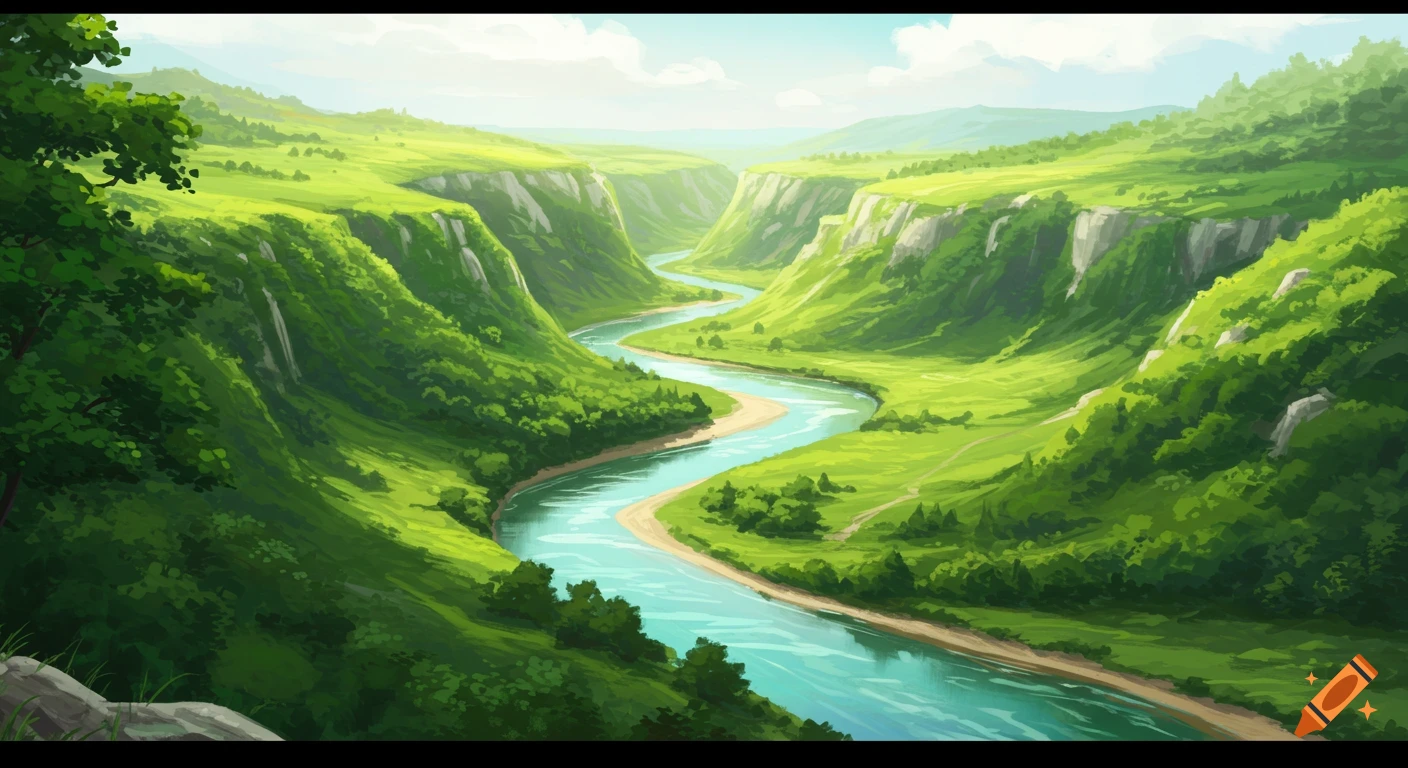 A winding blue river flows through a lush green valley with steep, rocky cliffs.