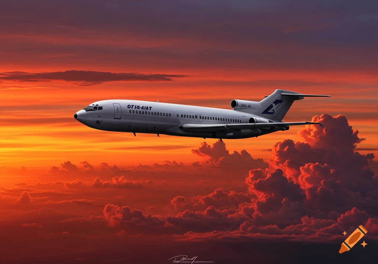 A Boeing 727 airplane flying through an orange sunset sky.