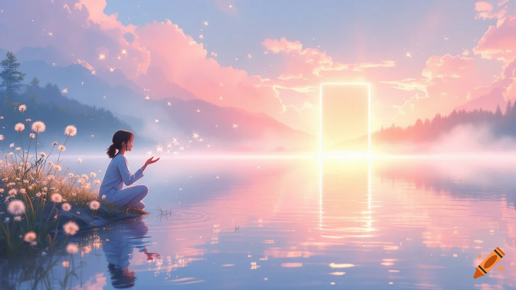 A person kneels by a tranquil misty lake at dawn, glowing seeds scattering from their hands towards a luminous door in the distance. Pastel fantasy art style.