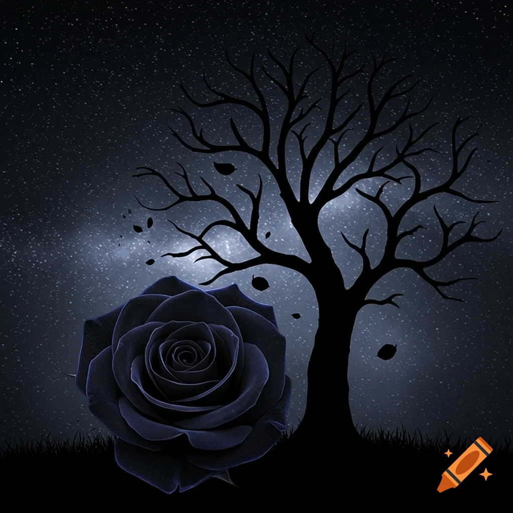 A black rose sits next to a skeletal tree silhouette under a starry night sky.