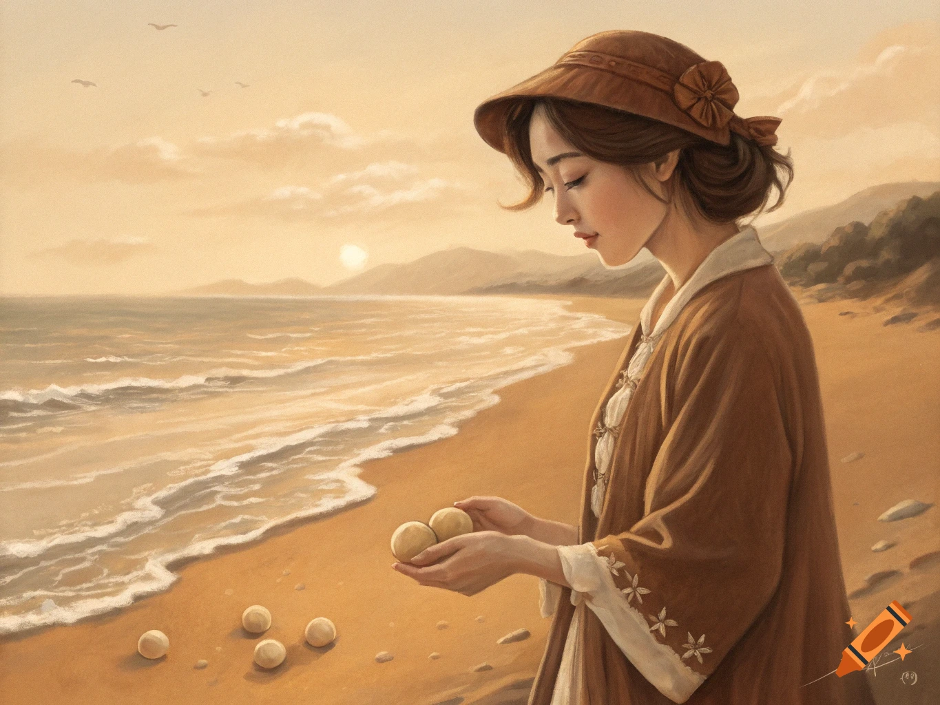 Painting of a woman holding spheres on a beach at sunset.