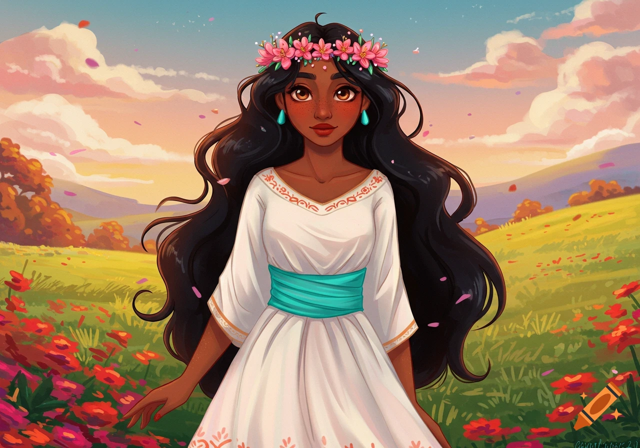 Illustration of a woman with a flower crown in a field of red flowers at sunset.