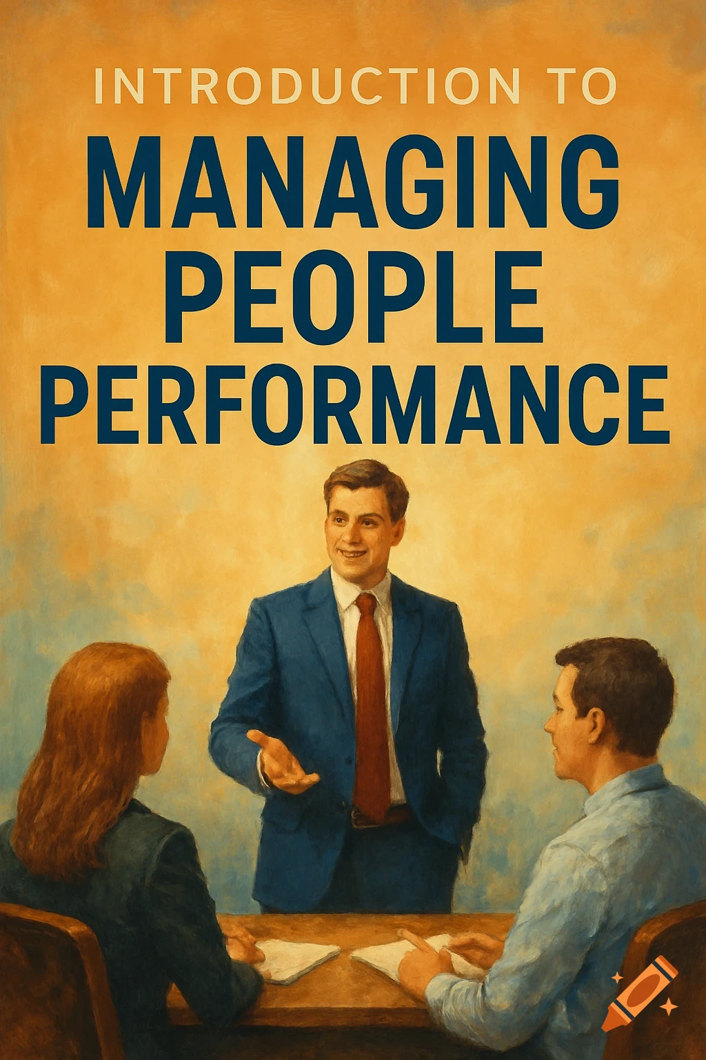 Image of a business meeting with the text "Introduction to Managing People Performance".