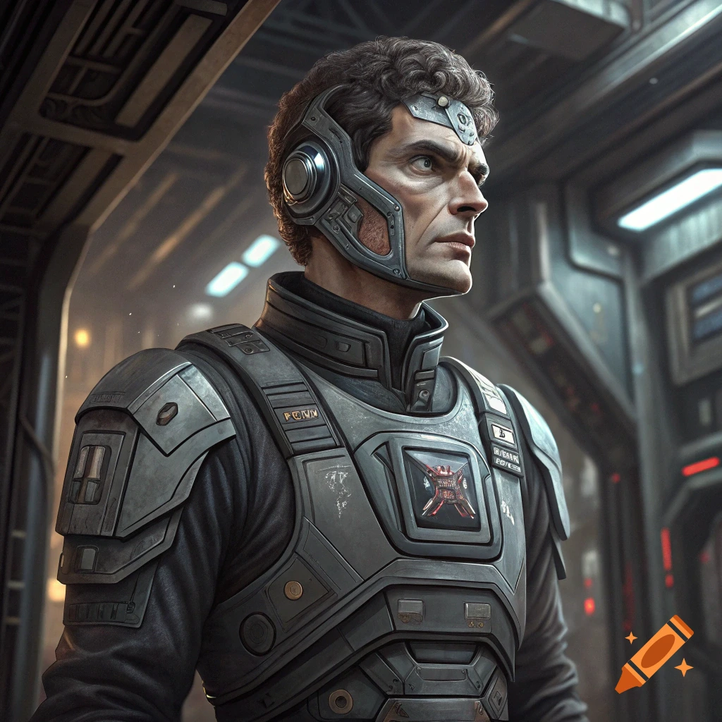 A man in futuristic cyborg armor stands in a sci-fi corridor, looking to the side.