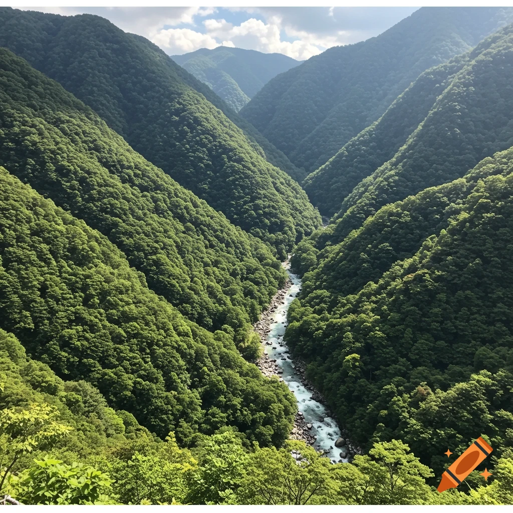 Lush green mountains descend into a valley with a winding river