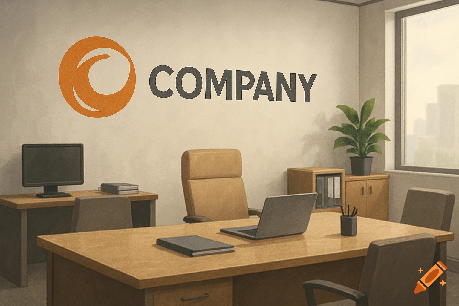 A digital painting of an office interior with a desk, chairs, computers, a plant, and a logo and the word "COMPANY" on the wall.