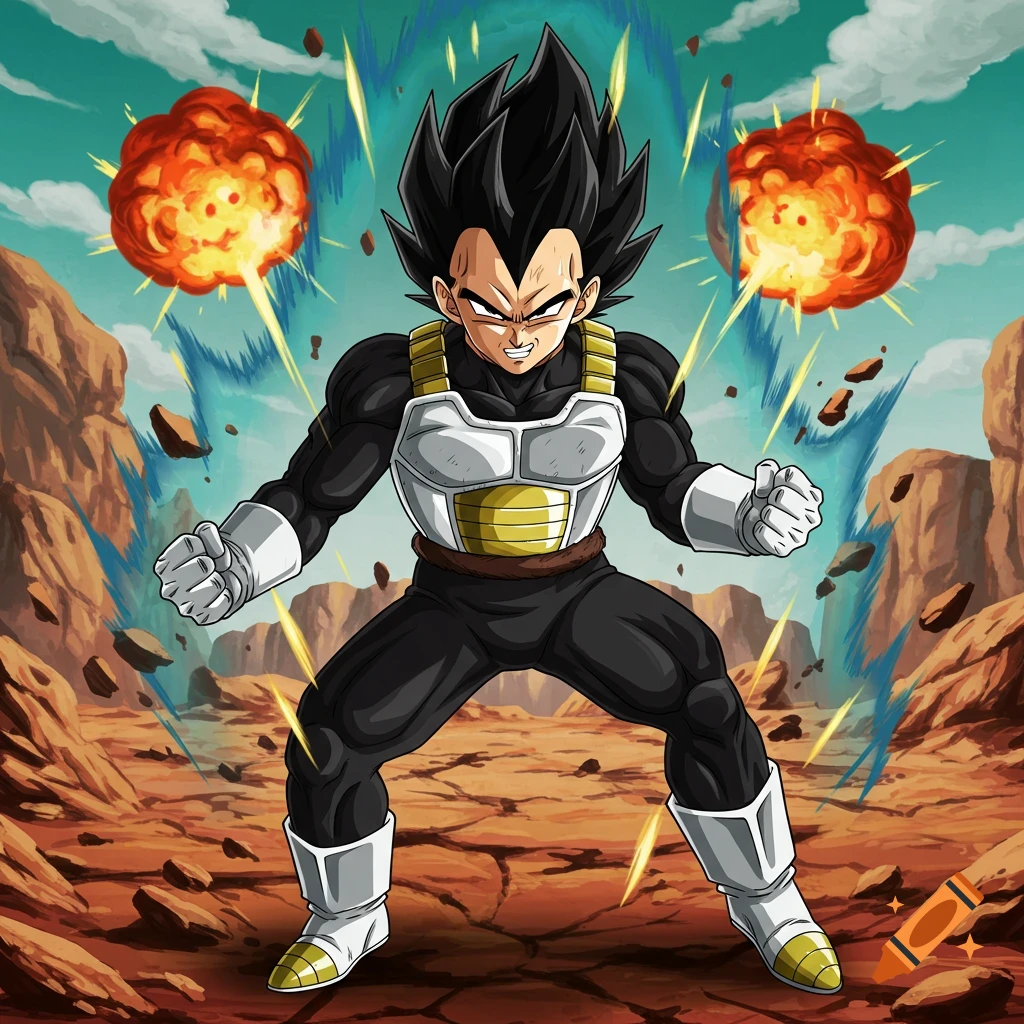 Vegeta from Dragon Ball Z in black armor, powering up in a rocky landscape with explosions, anime style.