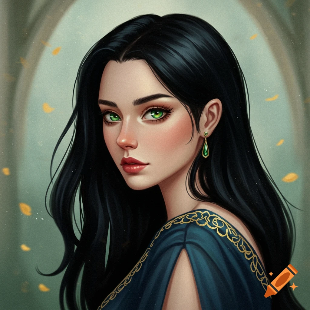 Portrait of a woman with green eyes and dark hair in a blue dress with gold trim