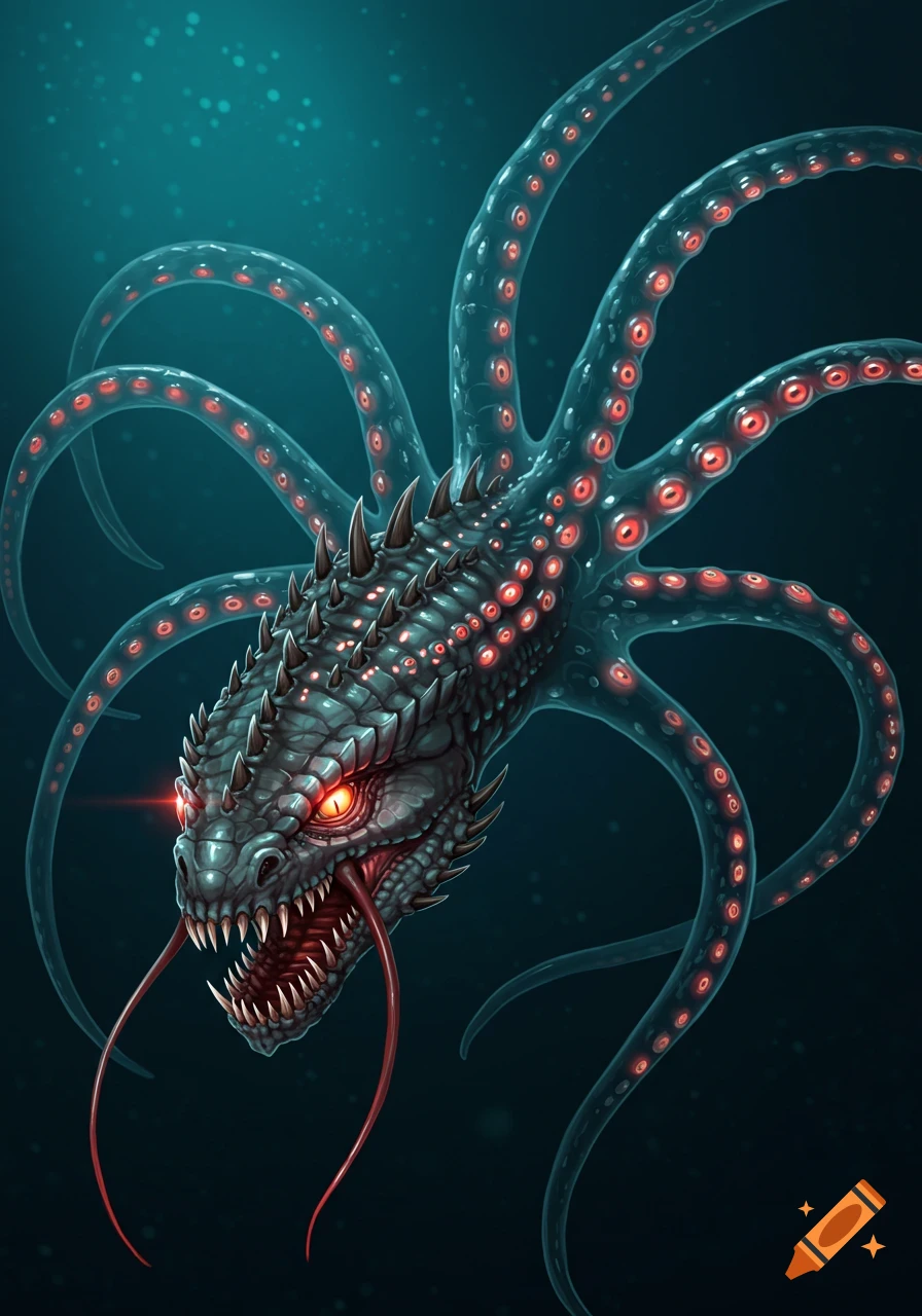 Illustration of a fantasy leviathan monster with a reptilian head, sharp teeth, glowing red eyes, and tentacles with red glowing spots.