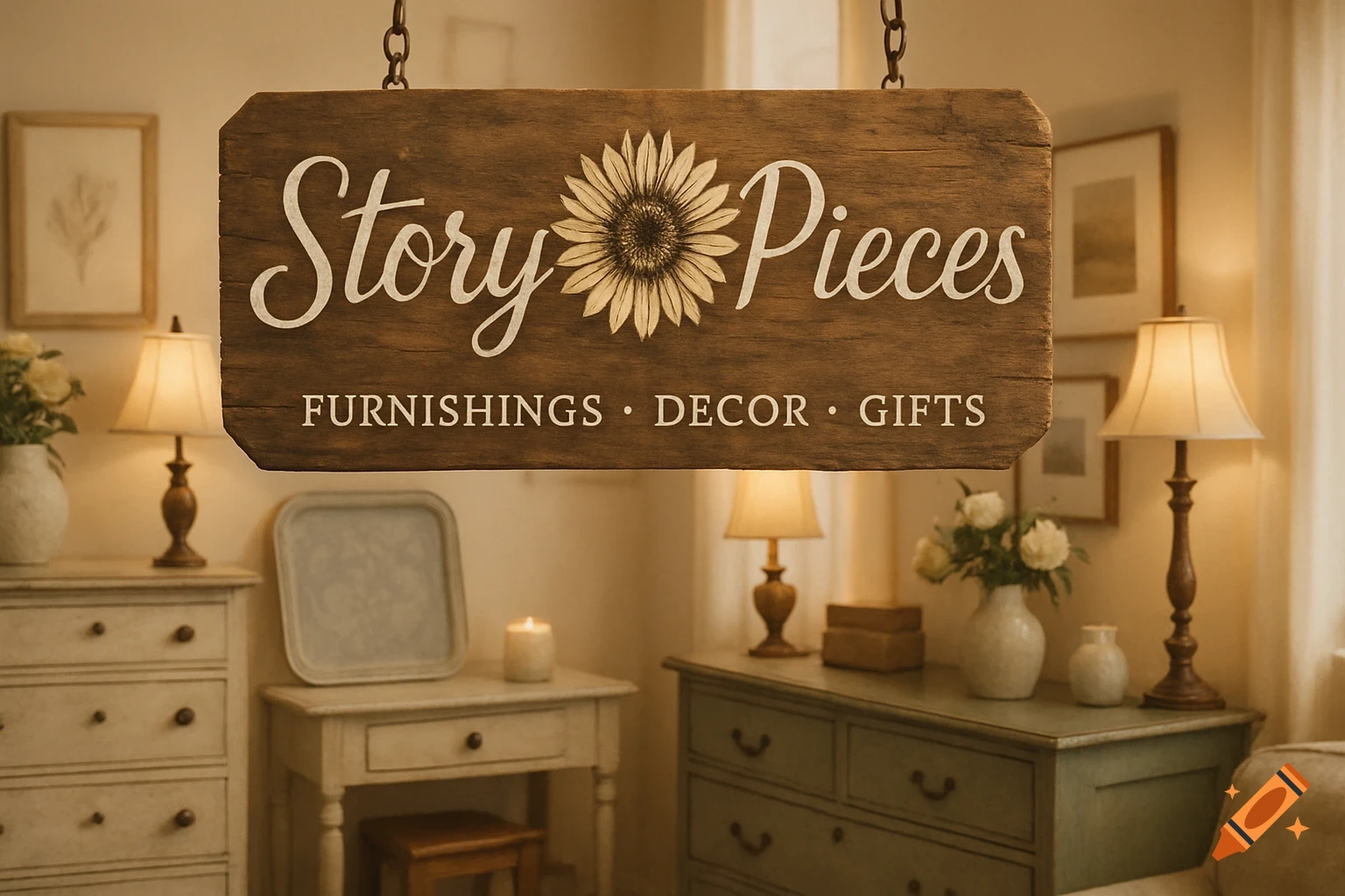 A rustic wooden sign for 'Story Pieces' Furnishings, Decor, Gifts hangs in a cozy shop interior with furniture, lamps, and decor.
