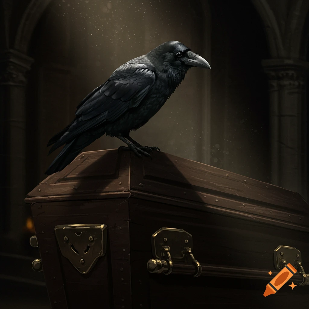 A black crow stands on a dark wooden coffin in a dimly lit room, digital painting.
