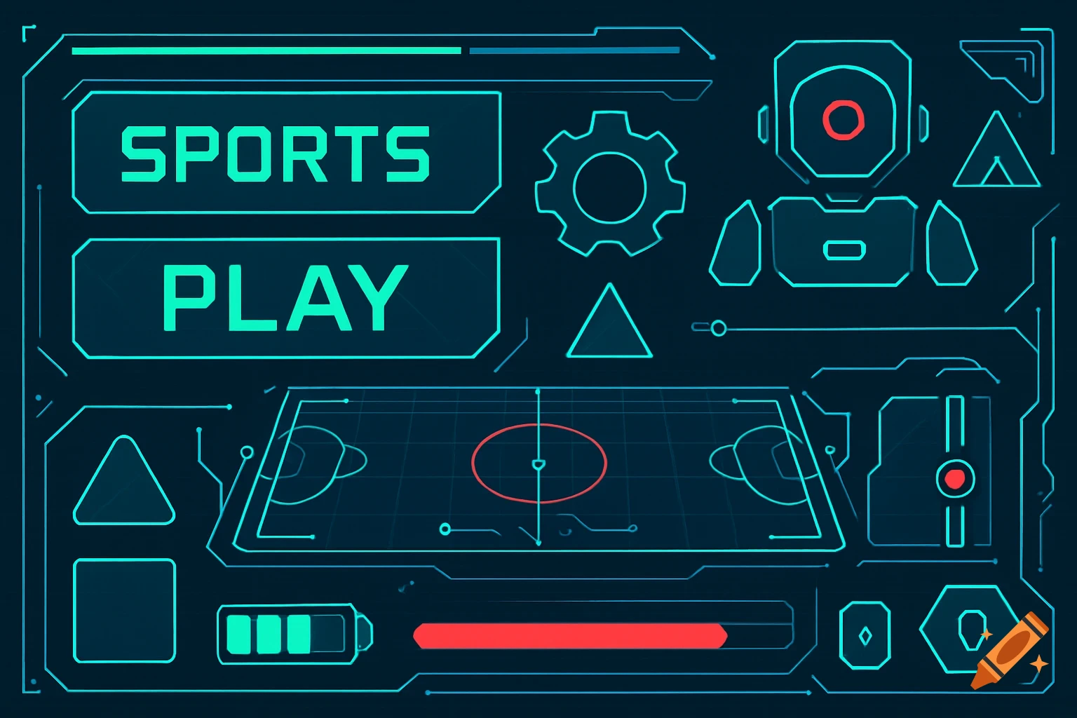 Futuristic sports video game GUI with text labels and interface elements.