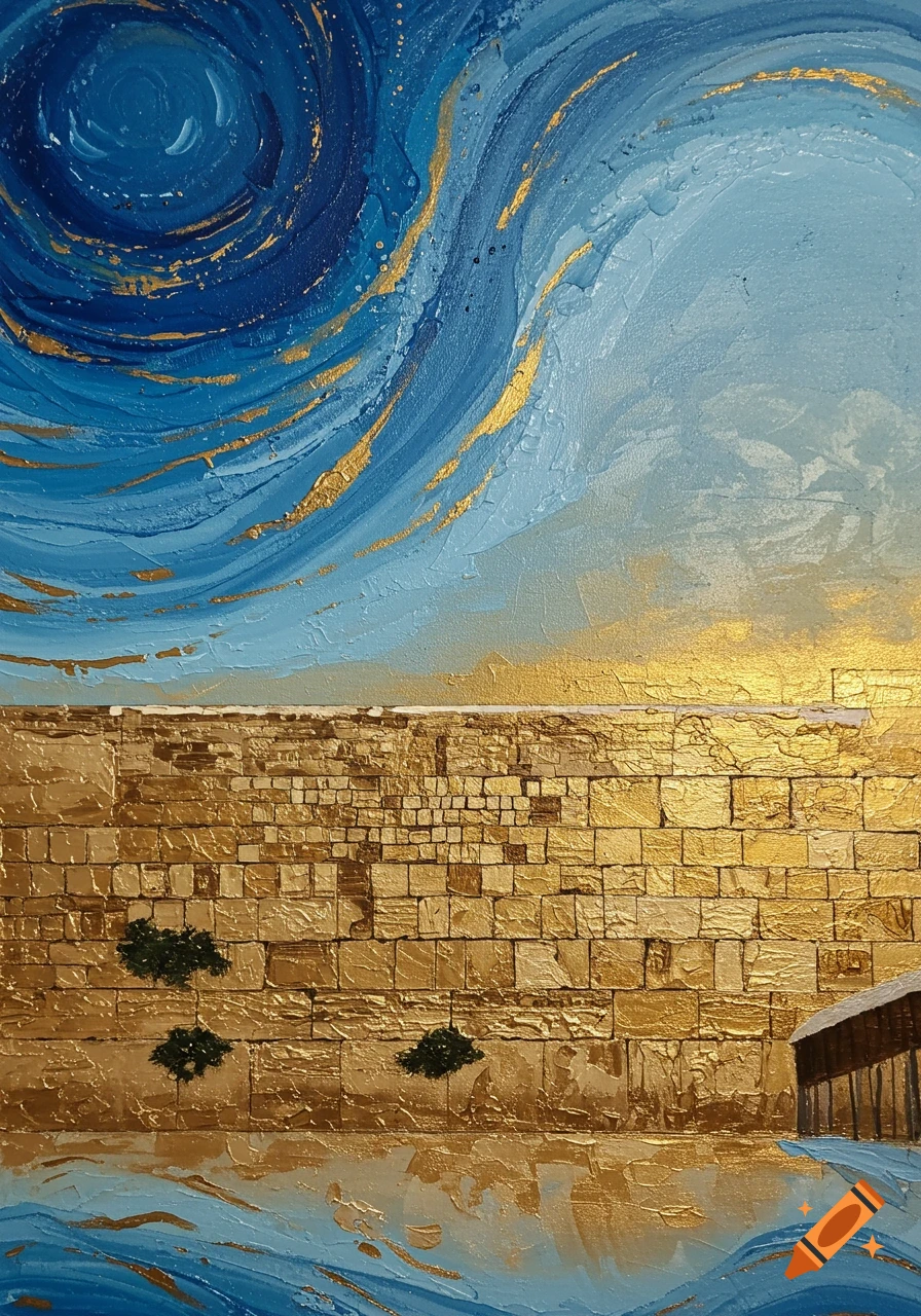Abstract depiction of the Western Wall (Kosel) in Jerusalem, featuring gold textures on the wall and swirls of blue and gold in the sky.