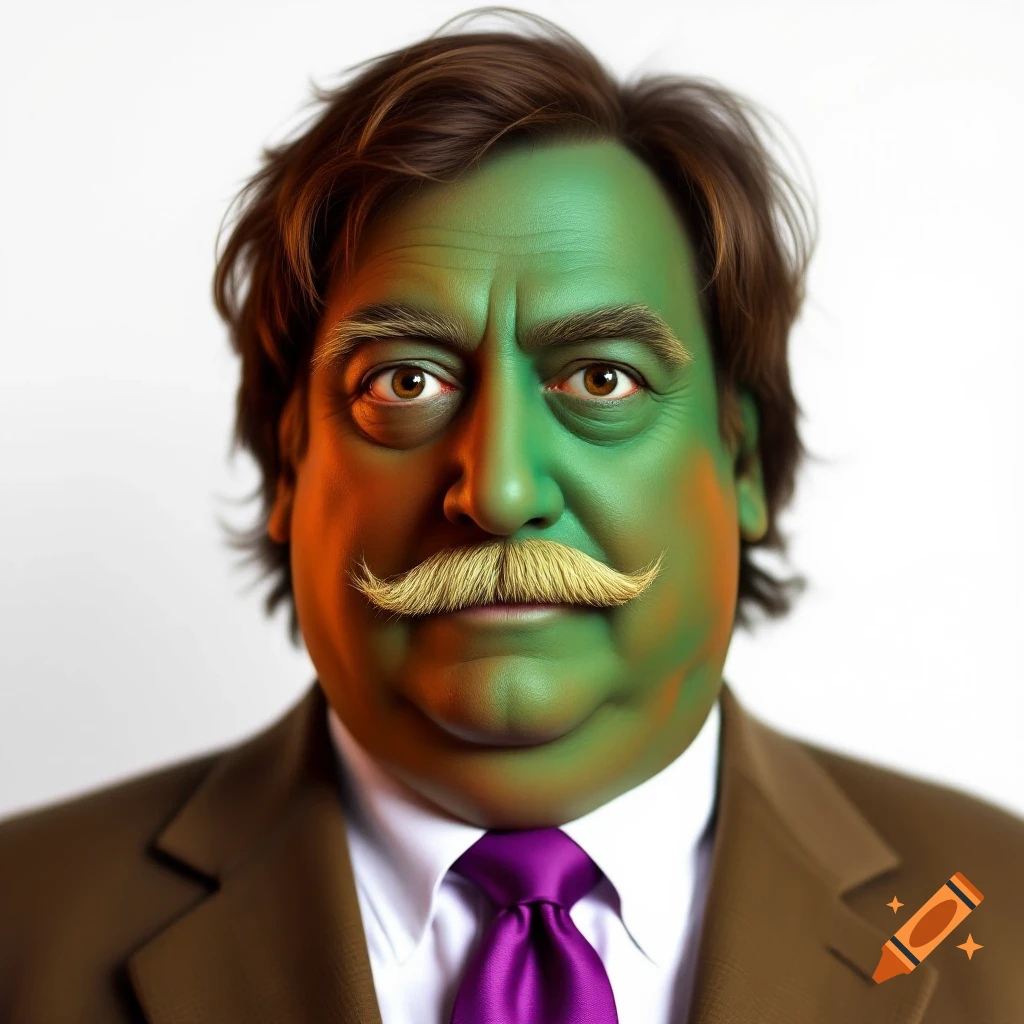Photorealistic portrait of a man with green skin, large mustache, suit, and purple tie.
