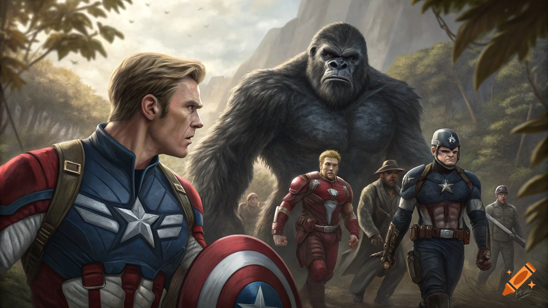 Illustration of a group of figures resembling Captain America facing off against a large silverback gorilla in a jungle setting.