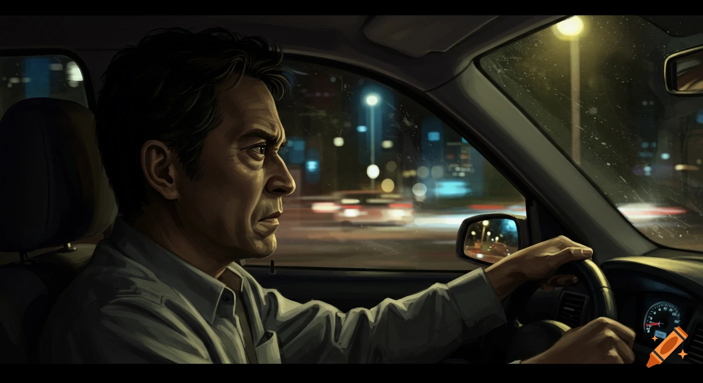 A man driving a car at night