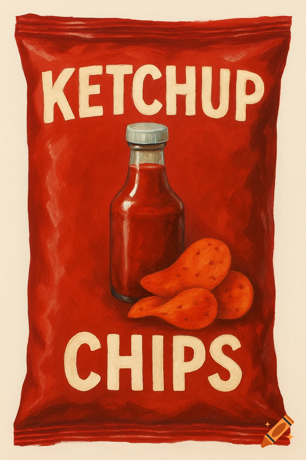 A red ketchup chips bag with a bottle of ketchup and potato chips.