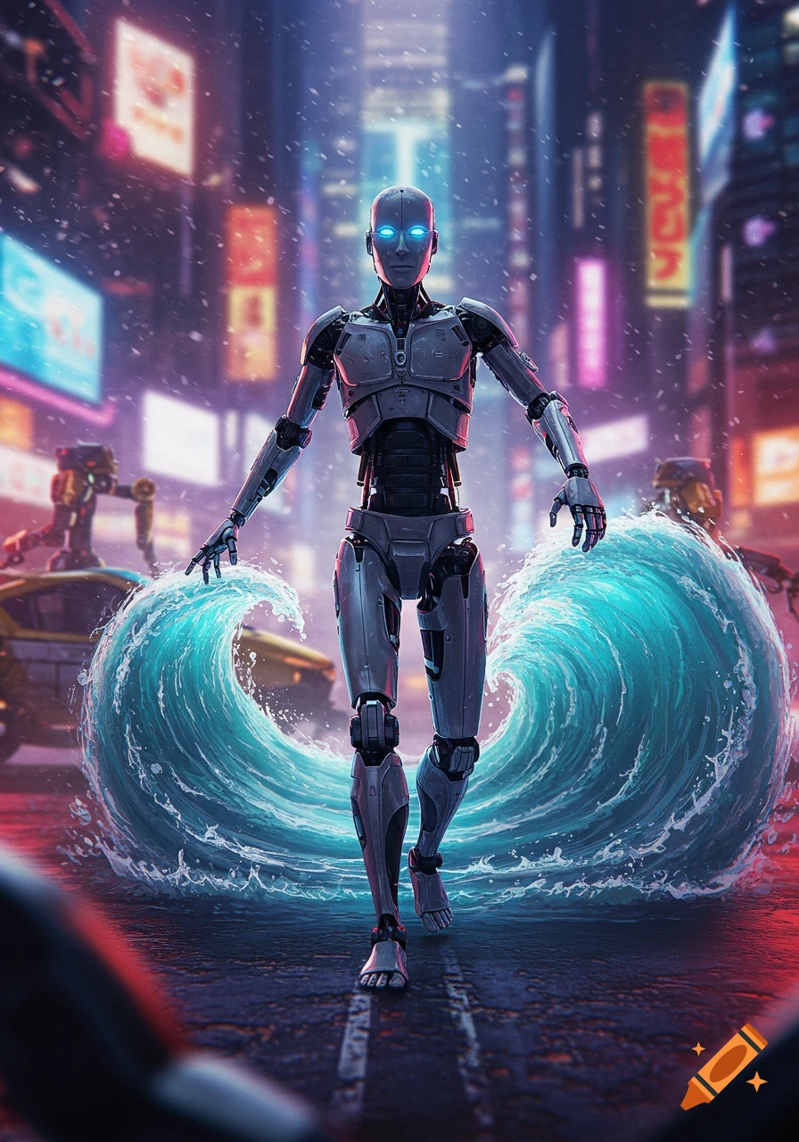 A robot walks through a cyberpunk city street with waves of water around its legs, snow falling