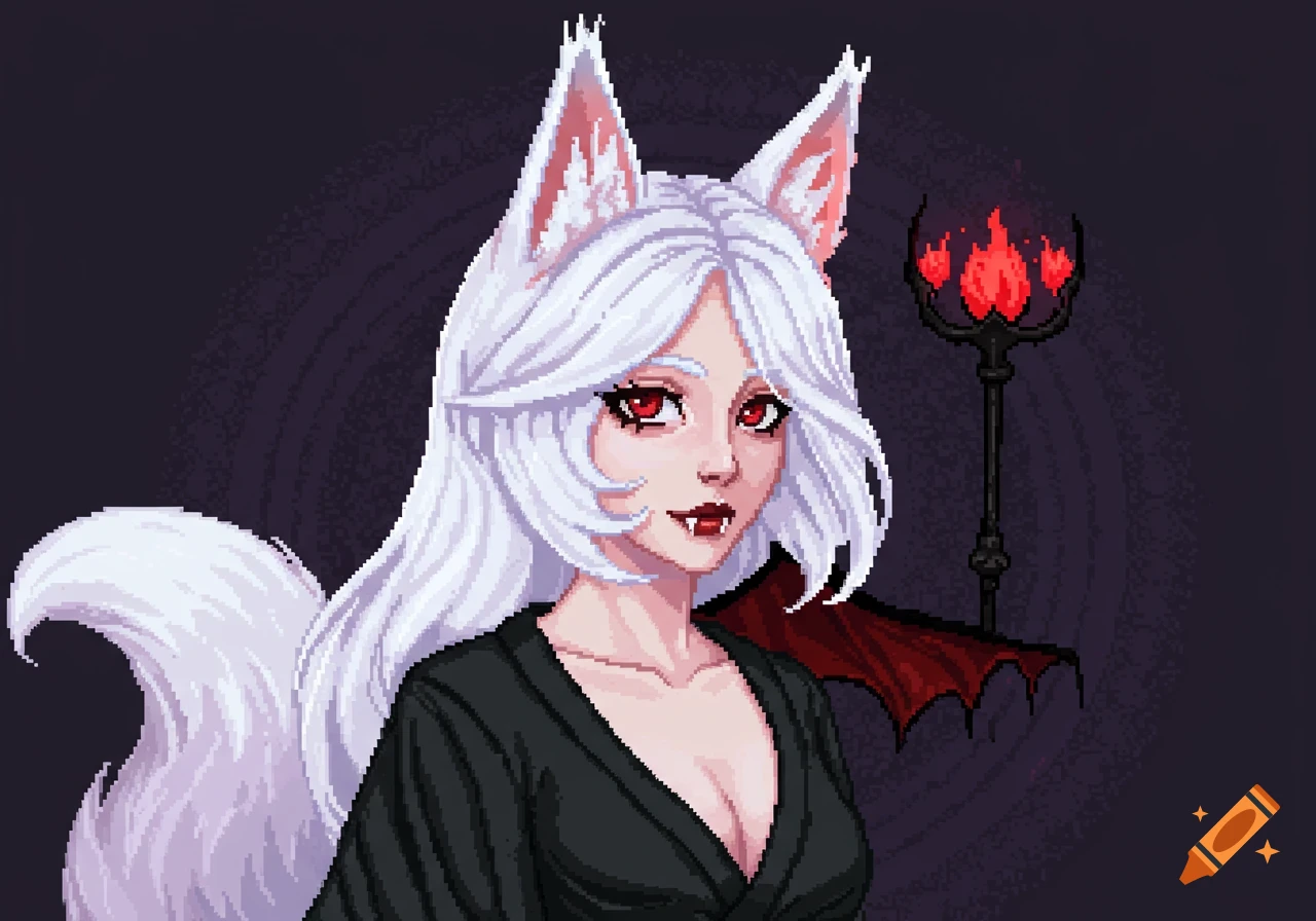 Pixel art portrait of a fantasy woman with white hair, fox ears, red eyes, fangs, black robe, bat wing, holding a staff.