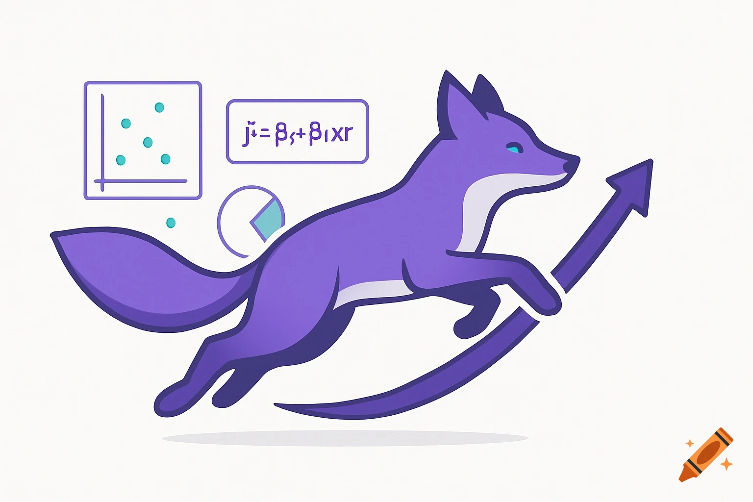Minimalist illustration of a purple fox mascot leaping over a rising arrow with data elements.