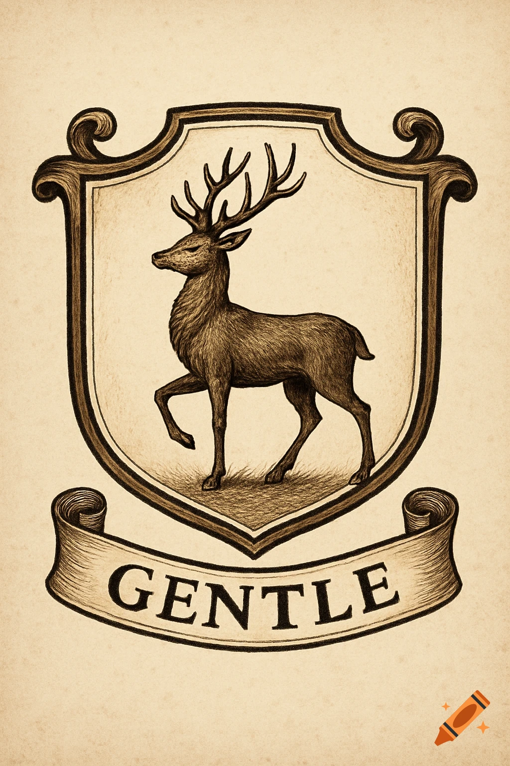 Vintage drawing of a stag in a crest shield with a banner reading 'GENTLE'