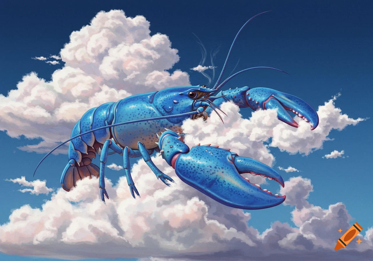 A blue lobster flying through clouds in a blue sky.