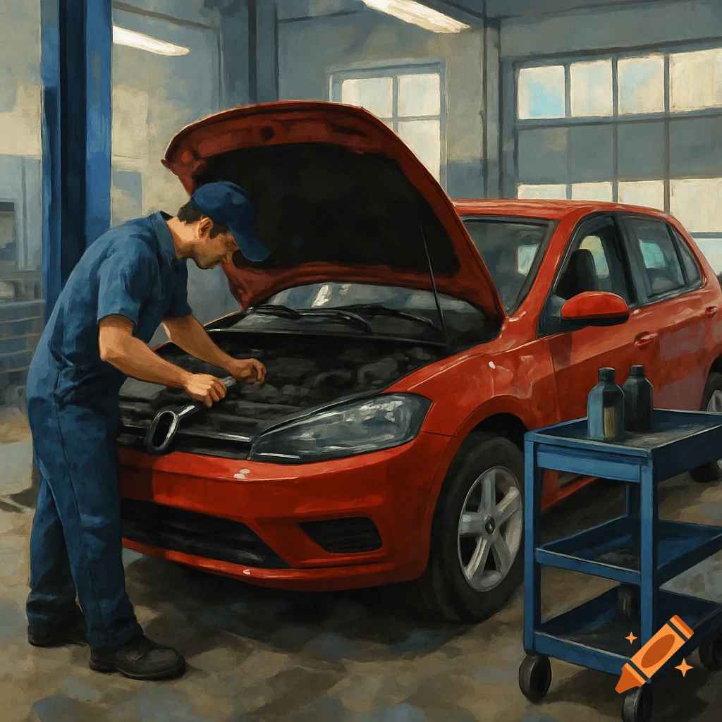 A mechanic working on the engine of a red car in a garage