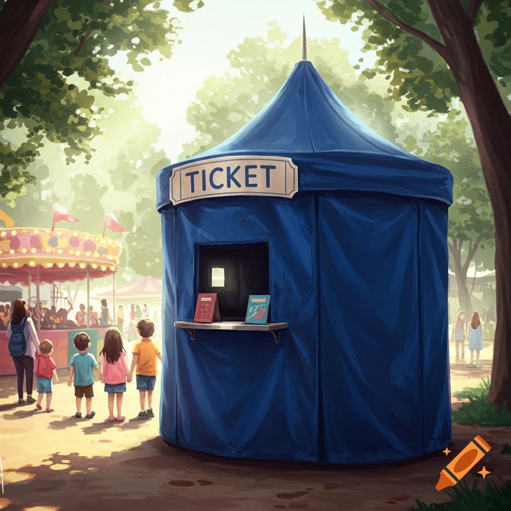 A blue ticket booth at a sunny carnival with children in the foreground and a carousel in the background.