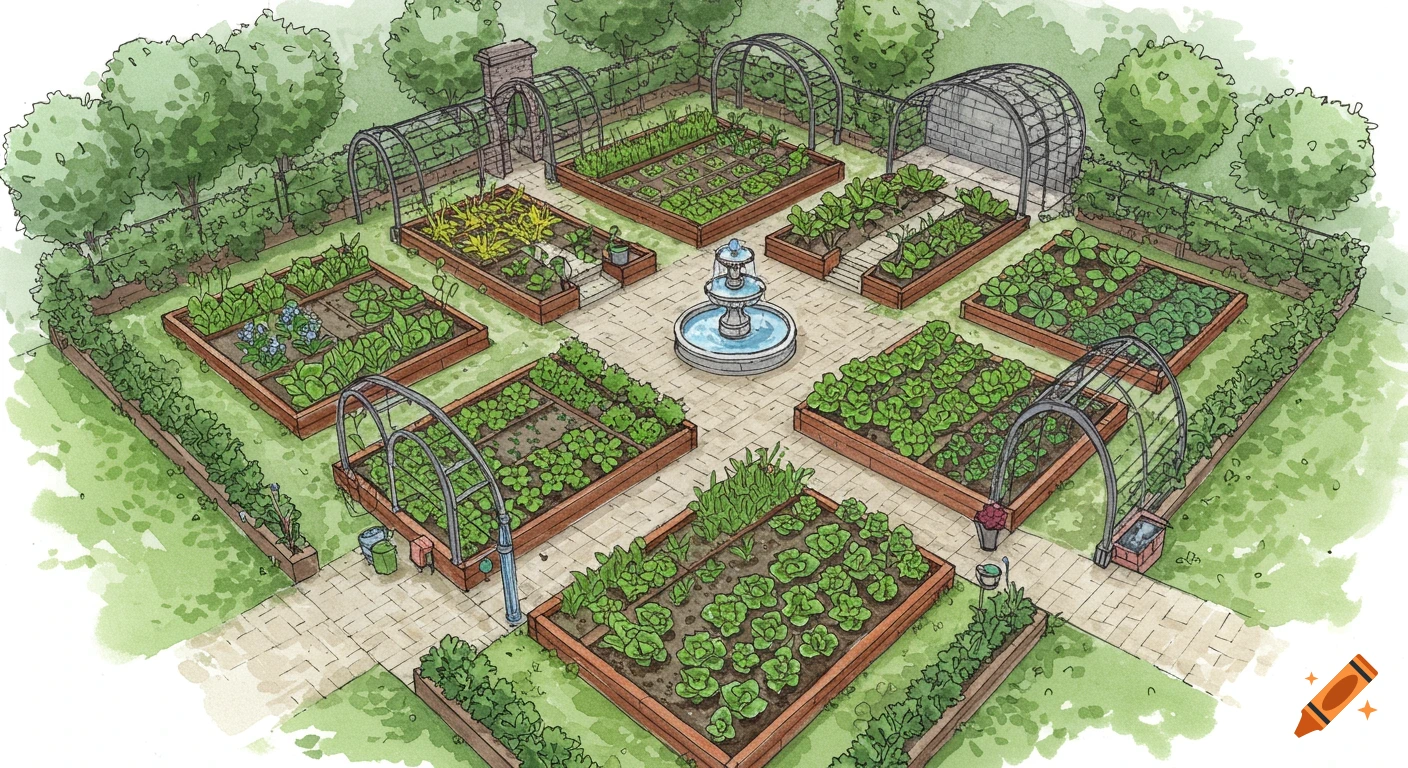 Birds-eye sketch of a formal garden layout with raised vegetable beds, arches, and a central fountain.
