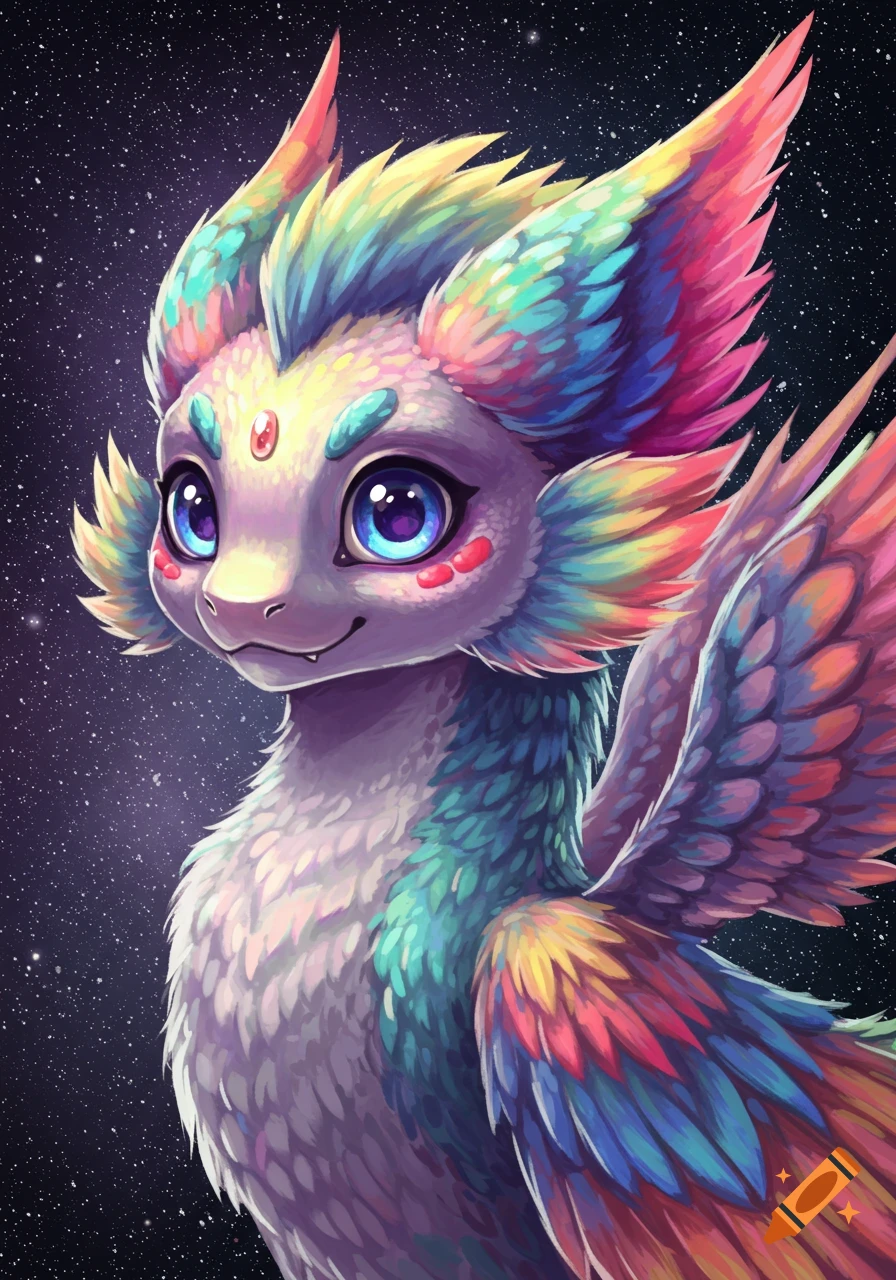 A cute, colorful fantasy creature with wings against a starry background.