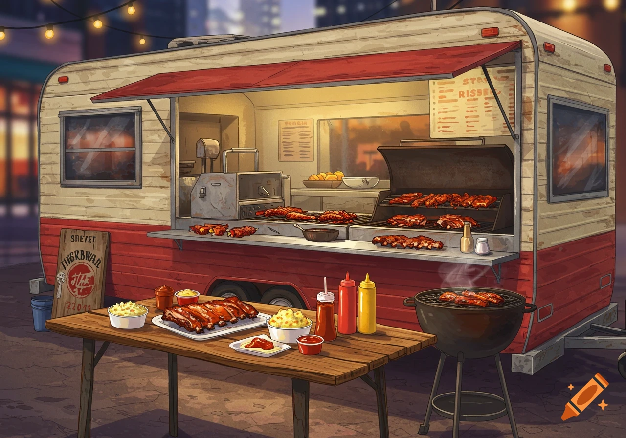Illustration of a food trailer with ribs on a grill and table.