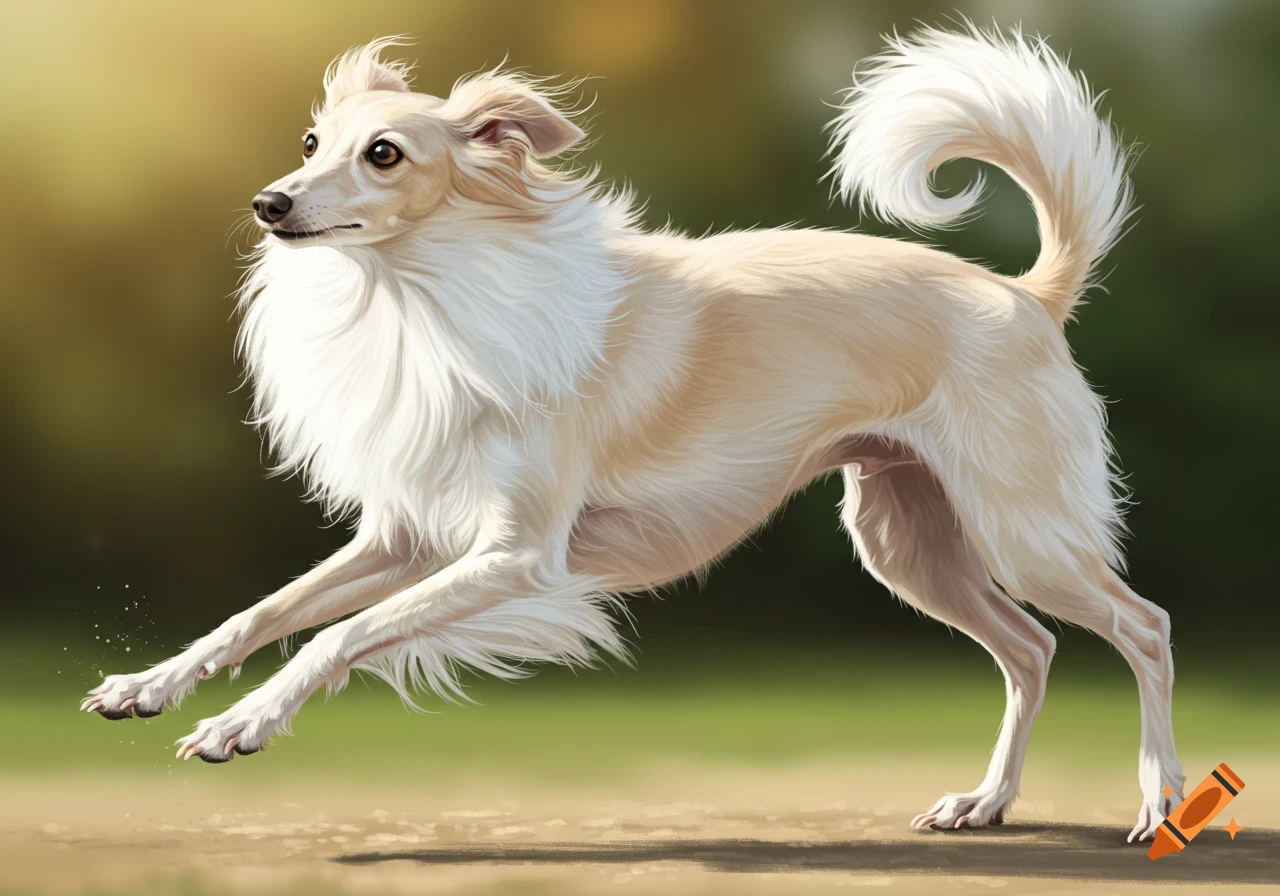A fluffy white and tan dog runs and leaps.