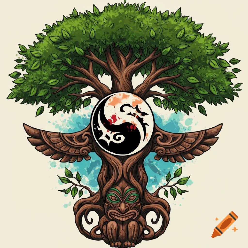 A tree of life with a Yin Yang symbol, winged trunk, and tiki face base in tattoo art style.