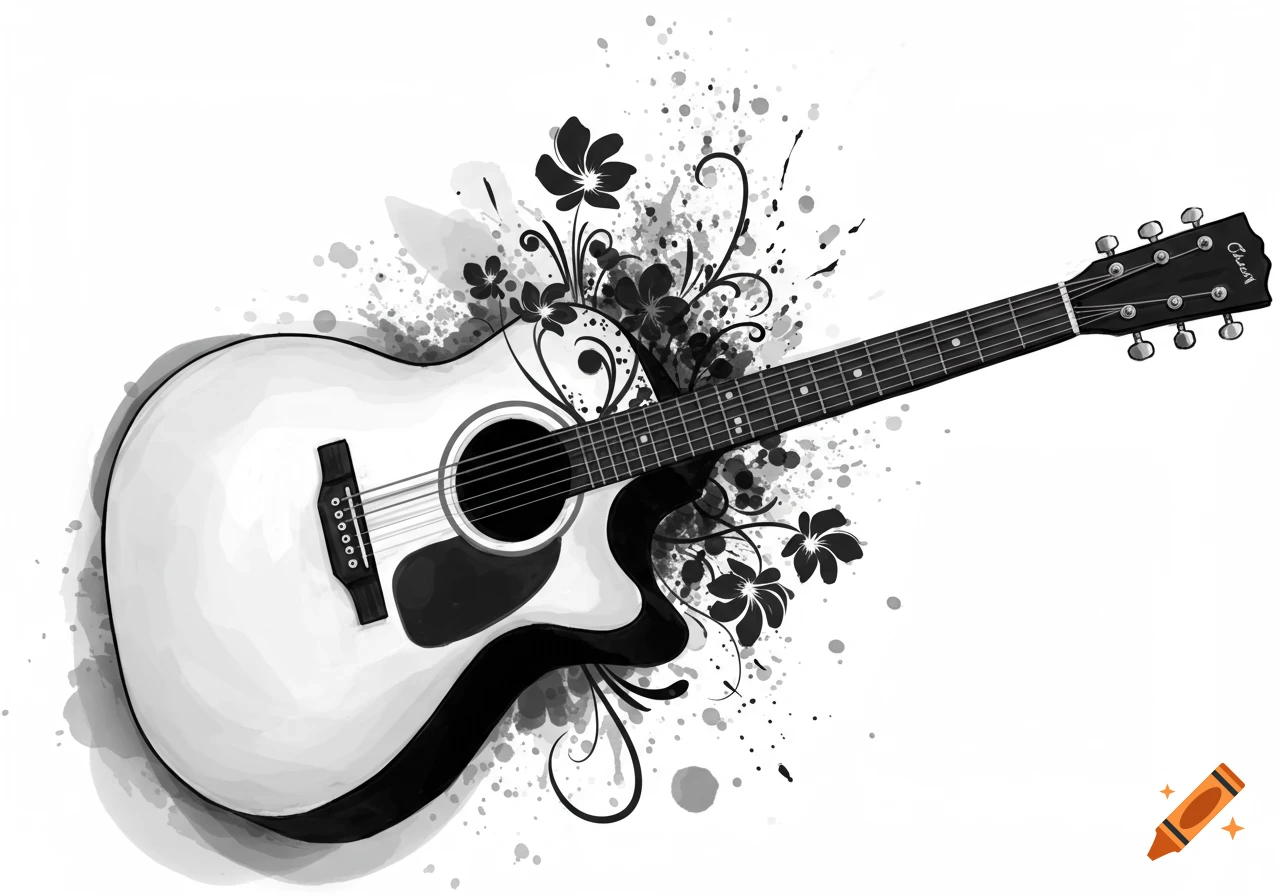 A black and white abstract illustration of an acoustic guitar with ...