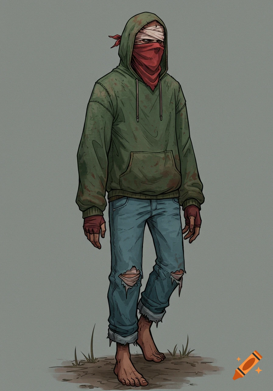Full body illustration of a person with bandaged eyes, red bandana over face, green hoodie, ripped jeans, and bare feet standing.