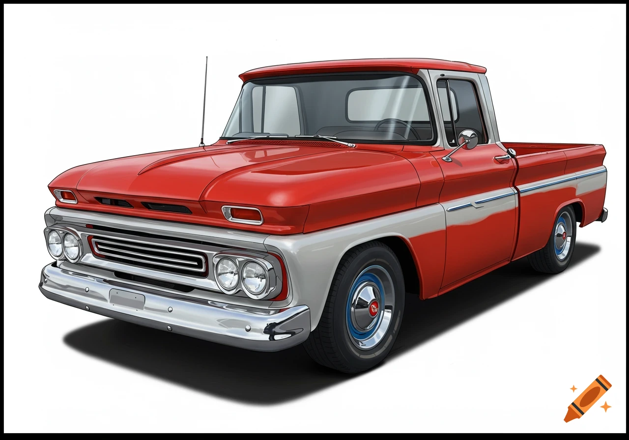 A red and silver classic pickup truck.